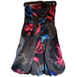 Express Strapless Black Multi Floral Satiny Bubble Dress Occasion Party Sz 4
